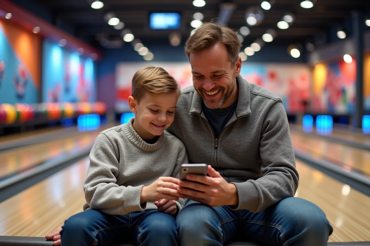 Père et fils réservant une piste de bowling ensemble