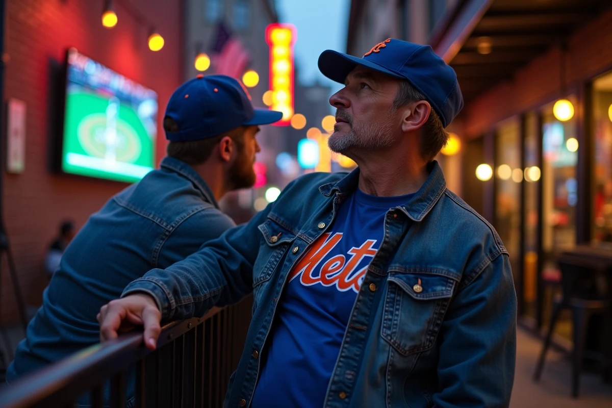 Fan des Mets de New York regardant un match de baseball sur écran géant dans un bar de quartier à Queens