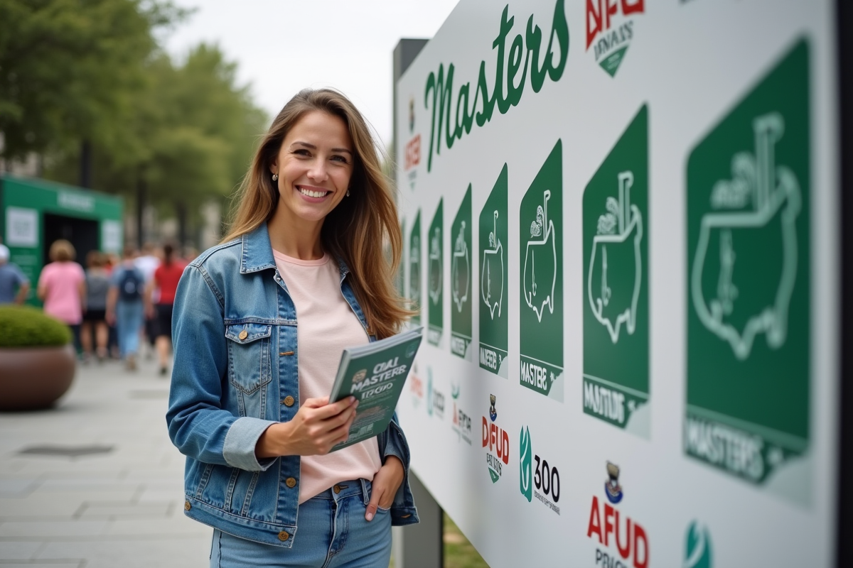 Fan de tennis souriante tenant un programme devant le panneau Masters
