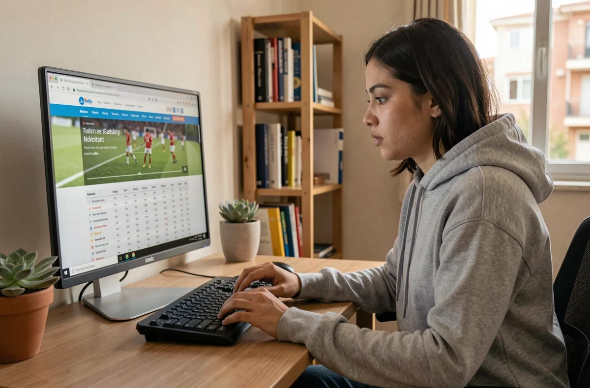 Jeune femme algérienne suivant les résultats de la Ligue 1 algérienne sur Competition.dz depuis son bureau à domicile