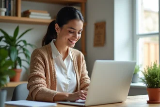 Femme concentrée sur son ordinateur dans un bureau accueillant