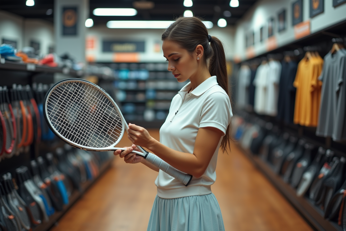 Jeune femme examinant une raquette dans un magasin de sport intérieur