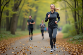 Jeune femme courant dans un parc au printemps