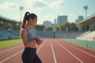 Jeune femme en course vérifiant sa smartwatch sur piste