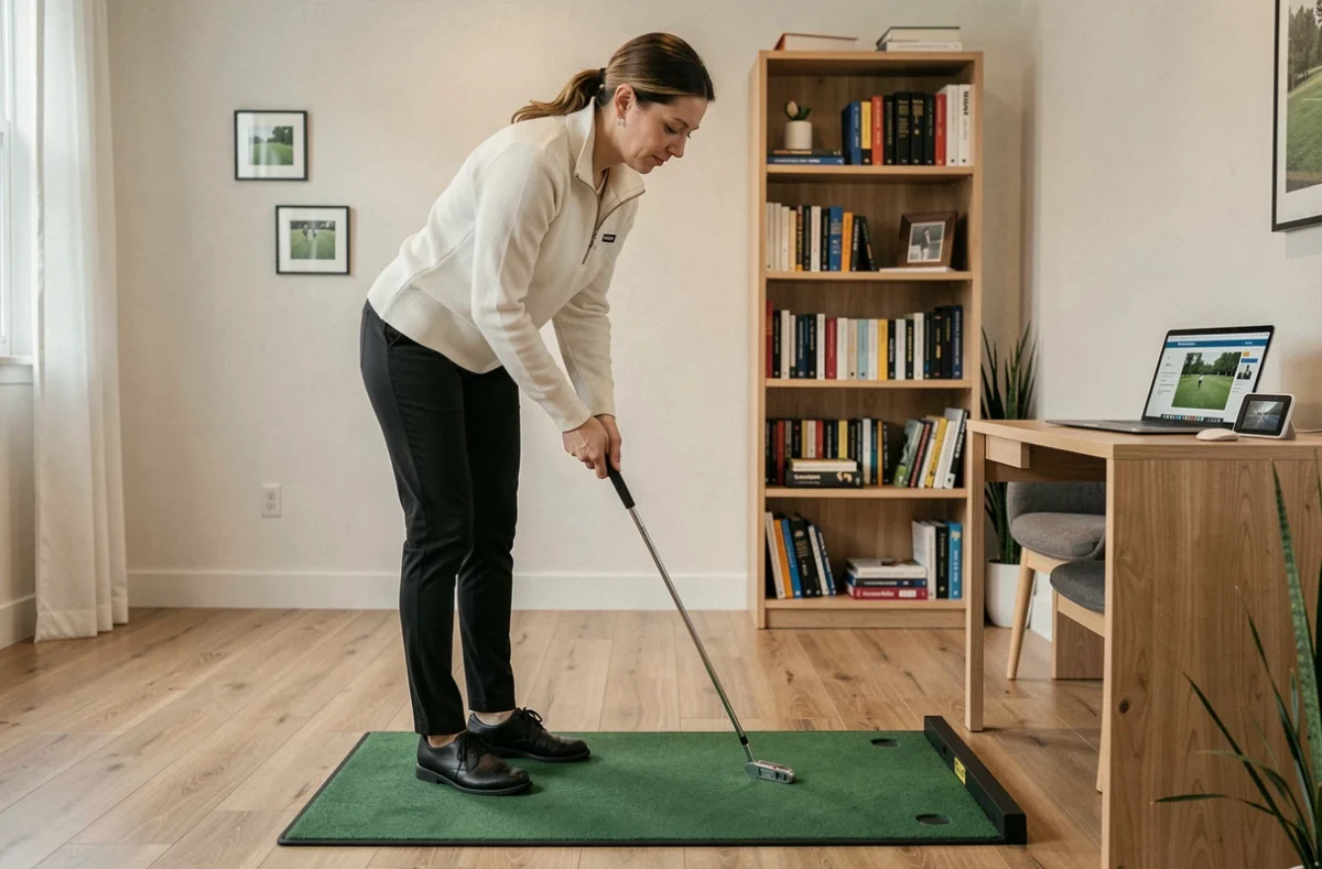 Femme pratiquant le putting sur un tapis d'entraînement à domicile, apprenante golf débutante consultant un blog de golf