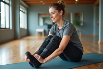 Femme sportive s'étire dans une salle lumineuse