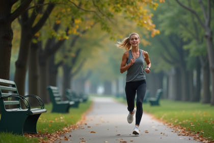 Femme courant dans un parc urbain au matin