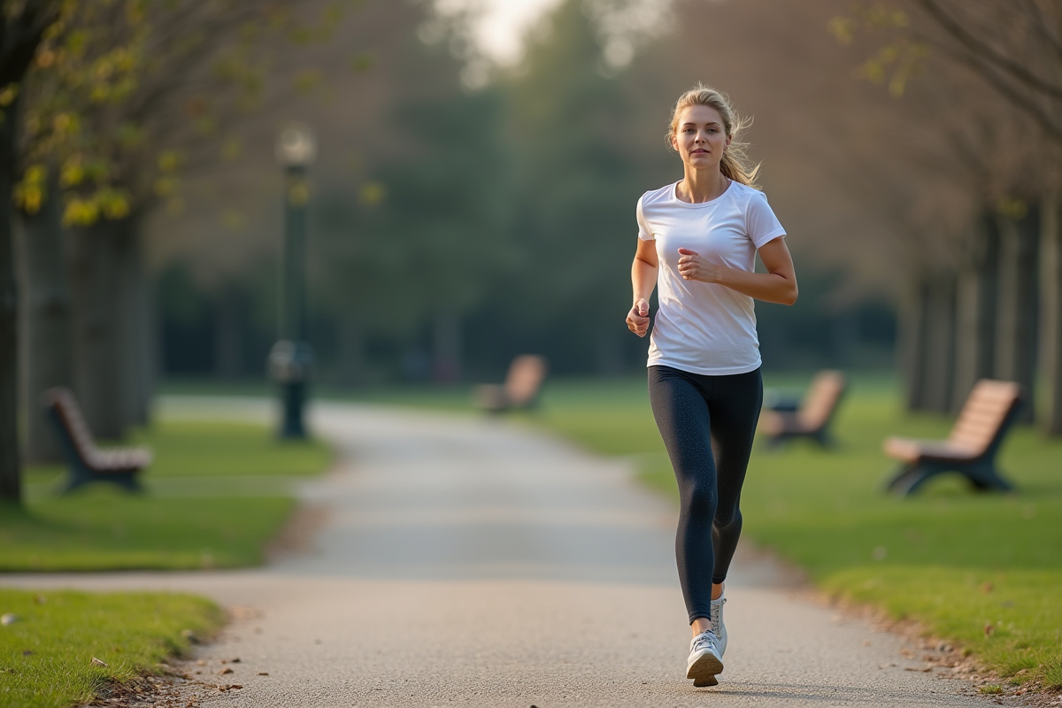 Femme courant dans un parc urbain au matin