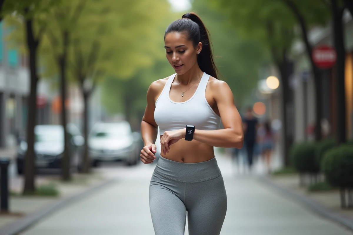 Femme sportive consultant sa montre connectée pour mesurer ses pas lors d'une marche urbaine