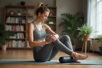 Femme en yoga avec rouleau de massage dans un salon cosy