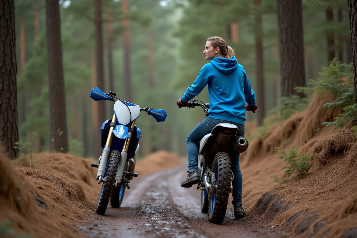 Jeune femme sur un sentier forestier avec sa dirt bike