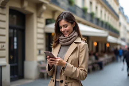 Femme élégante à Paris portant un trench beige et un foulard