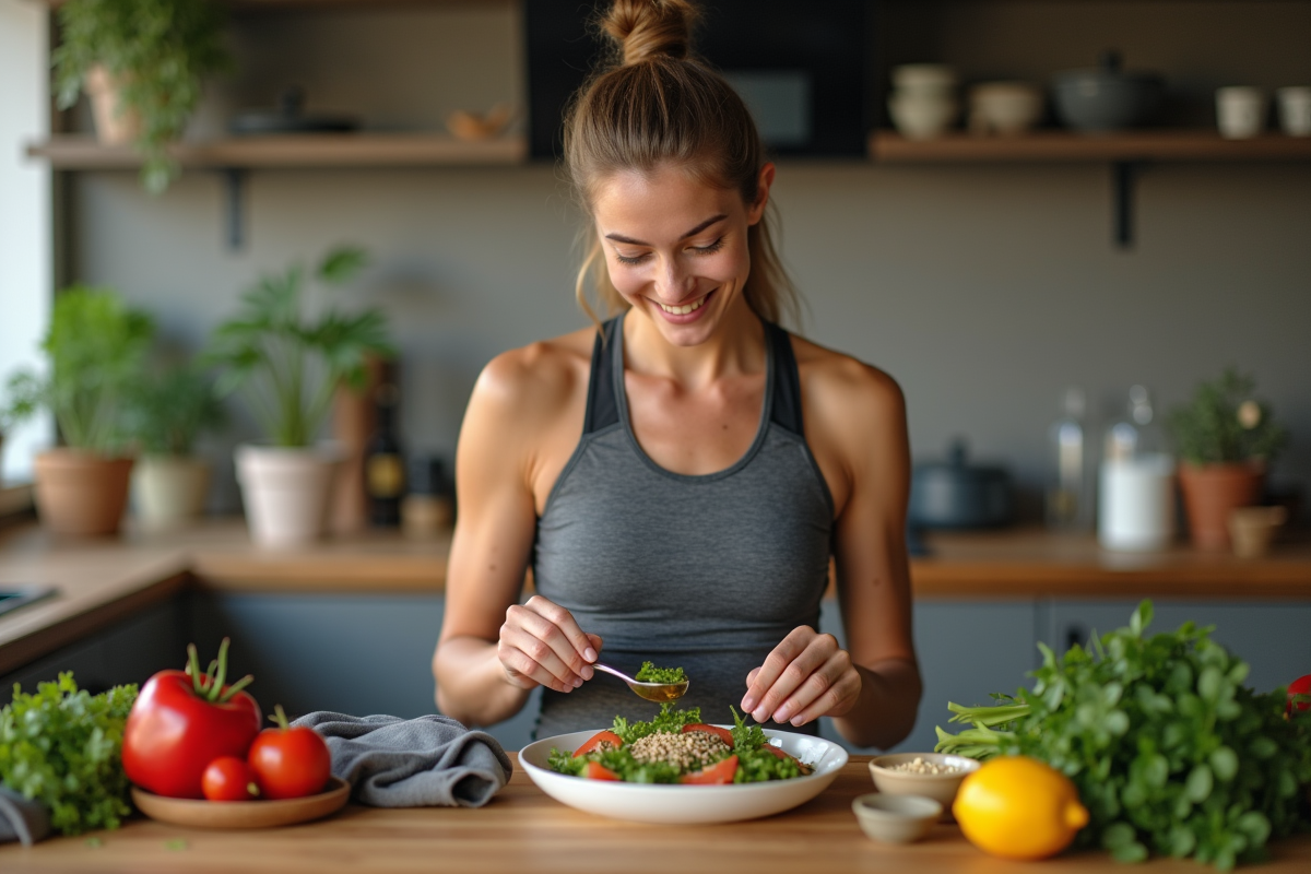 Femme prépare une salade nutritive dans une cuisine chaleureuse
