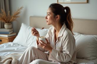 Femme en pyjama mangeant un yogourt dans la chambre