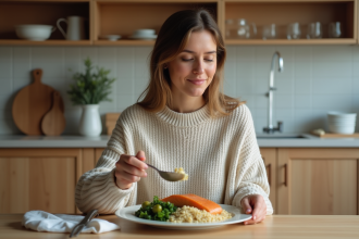Femme en cuisine moderne servant un saumon grillé avec quinoa
