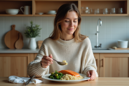 Femme en cuisine moderne servant un saumon grillé avec quinoa