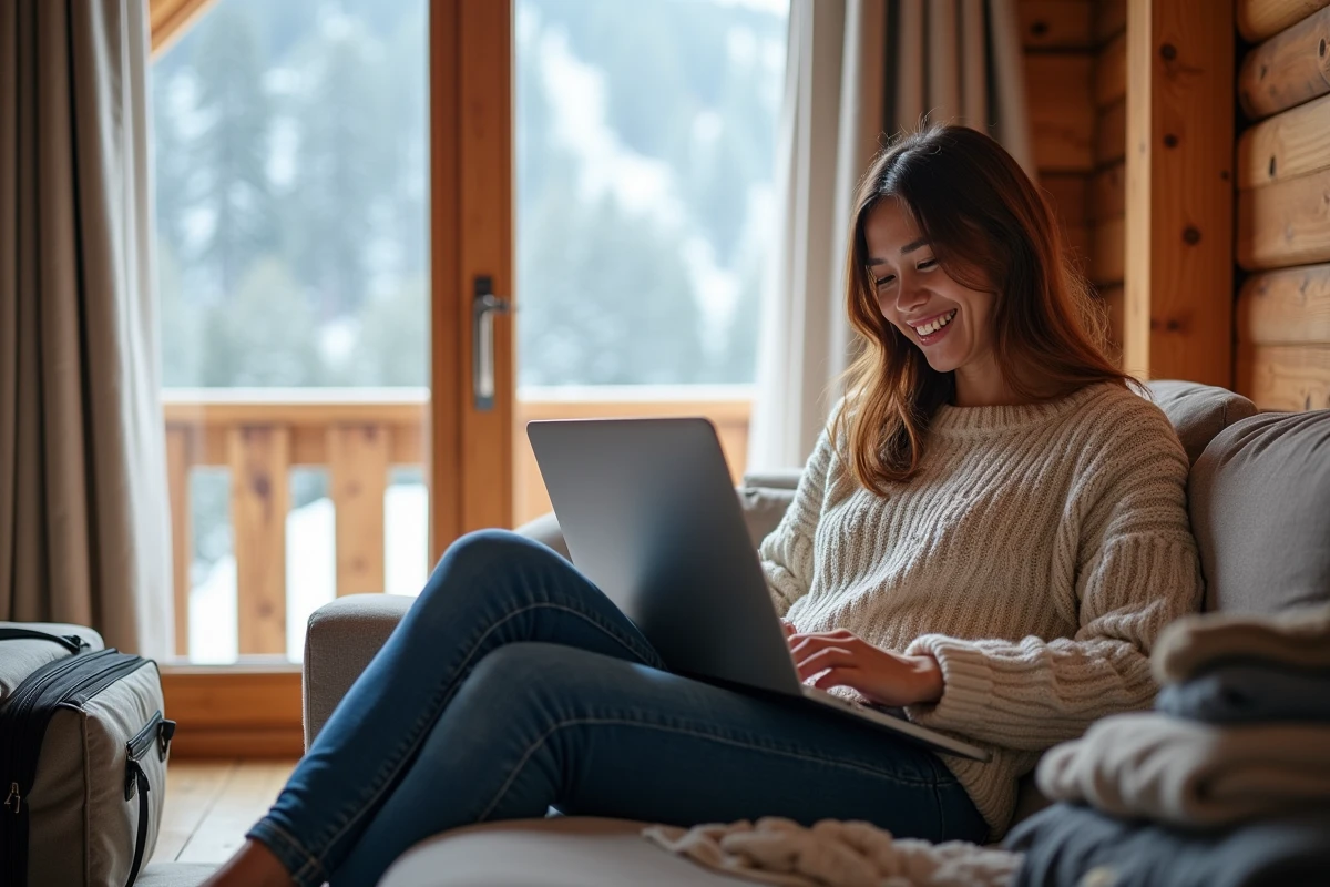 Femme détendue dans un chalet avec ordinateur et skis