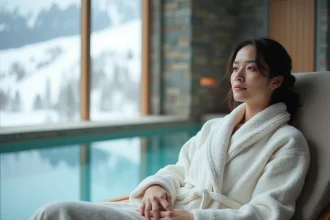 Femme relaxant dans un spa avec vue sur la neige