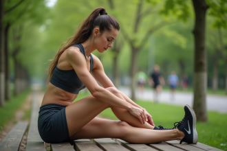 Femme en pleine séance d'étirement dans un parc urbain