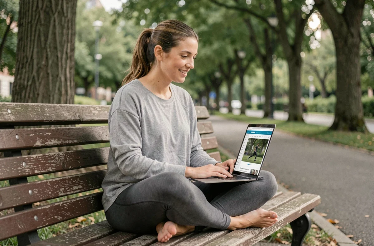 Femme en tenue de sport consultant le site sportrip.fr sur un laptop dans un parc urbain