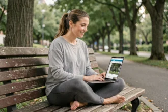 Femme en tenue de sport consultant le site sportrip.fr sur un laptop dans un parc urbain