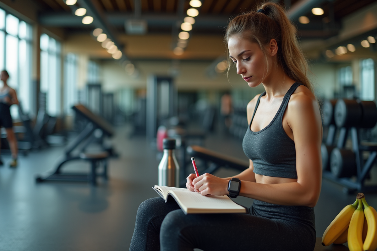 Femme concentrée écrivant dans un journal de nutrition à la salle
