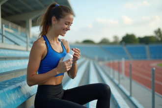Jeune femme sportive ouvrant une bouteille de vitamines en extérieur