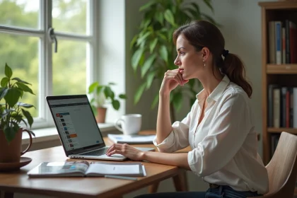 Femme au bureau regardant un ordinateur avec horaires de courses