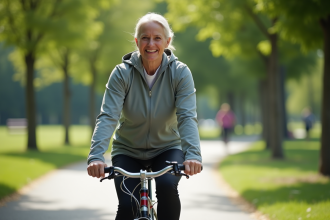 Femme en sport à vélo dans un parc urbain verdoyant
