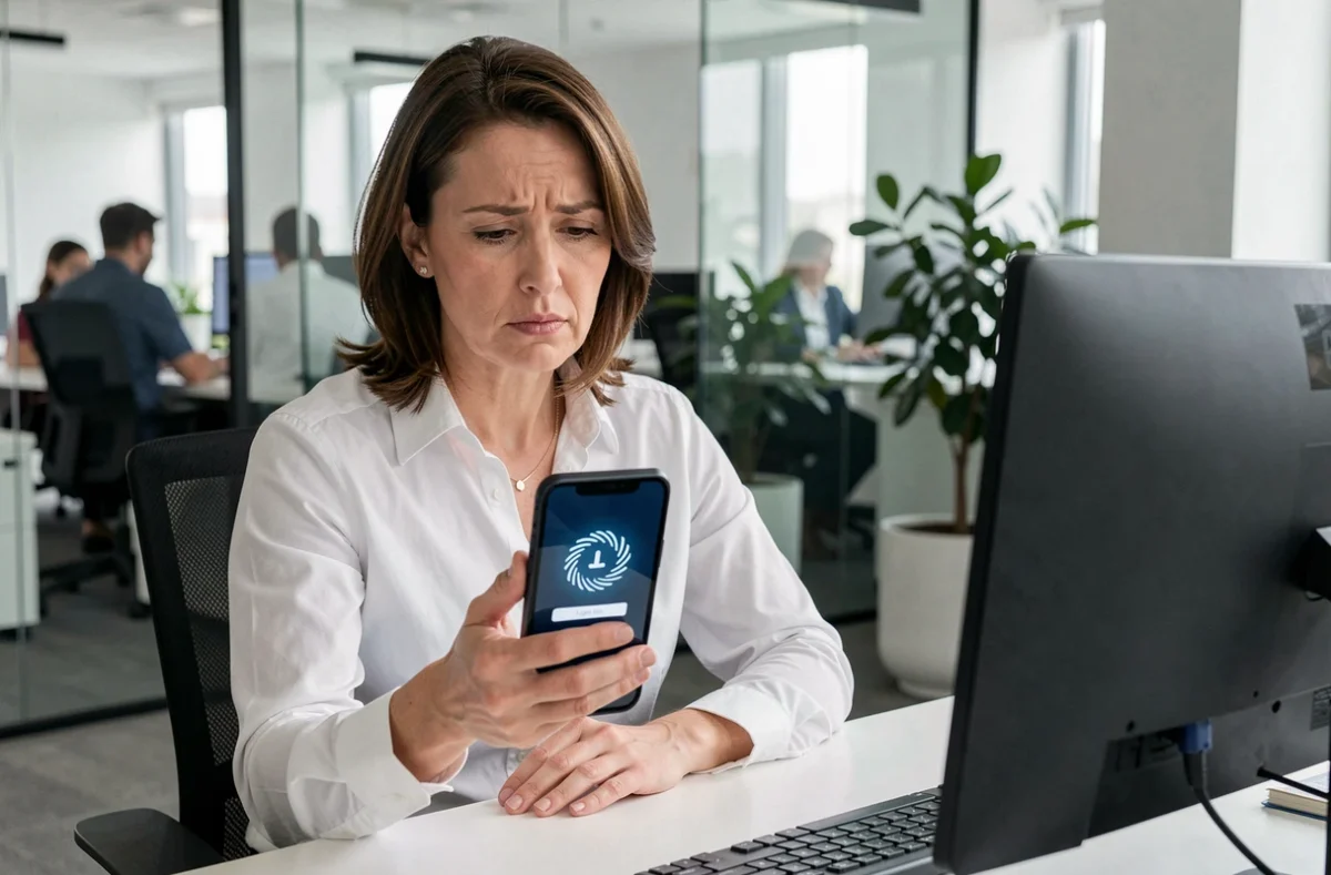 Femme vérifiant la connexion Footclub FFF sur son smartphone dans un bureau moderne