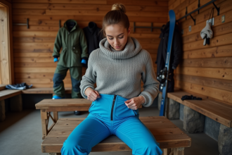 Jeune femme ajustant ses vêtements de ski dans un vestiaire rustique