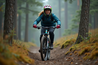 Jeune femme en VTT dans la forêt en pleine action