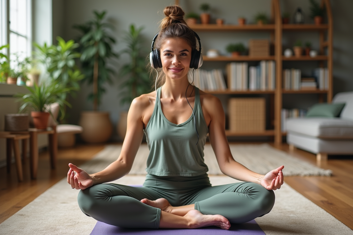 Femme faisant du yoga dans un salon cosy