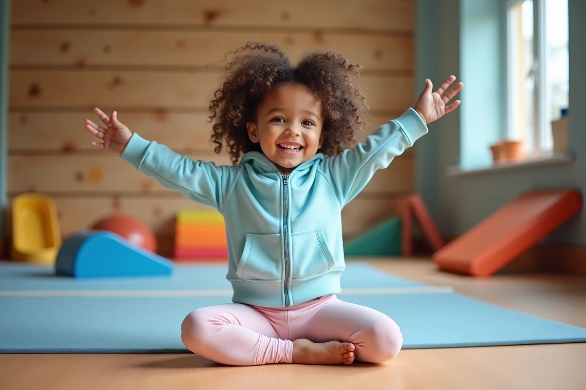 Fille de 3 ans en gymnase fait de l’équilibre sur un pied