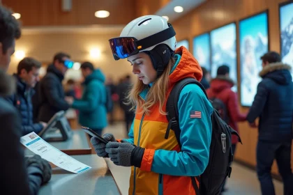Jeune femme en ski vérifiant son smartphone à la caisse