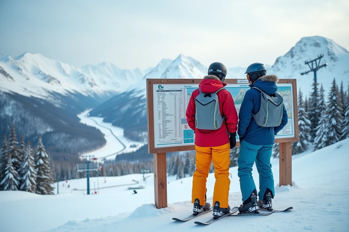 Deux skieurs consultant le panneau tarifaire des forfaits à la station de Pra Loup avec vue sur les Alpes