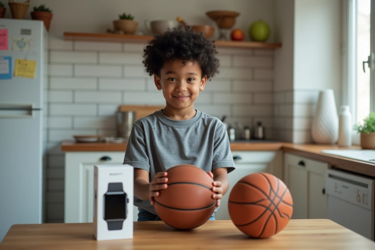 Jeune garçon de 11 ans comparant une montre connectée et un ballon de basket comme idées cadeaux