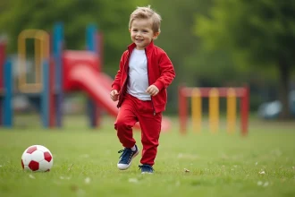 Garçon de 3 ans en tenue rouge joue au soccer dans un parc