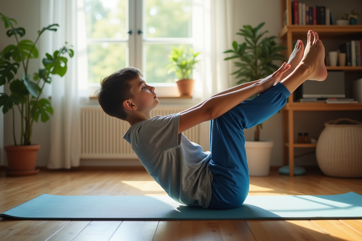 Garçon faisant une extension du dos dans un salon lumineux