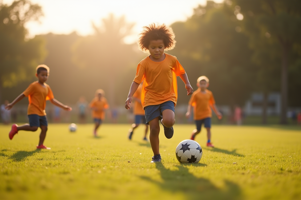 Jeune garçon polynésien jouant au football en plein air