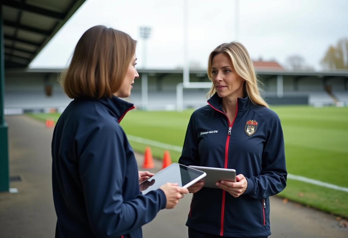 Deux manageuses de rugby discutant avec tablettes