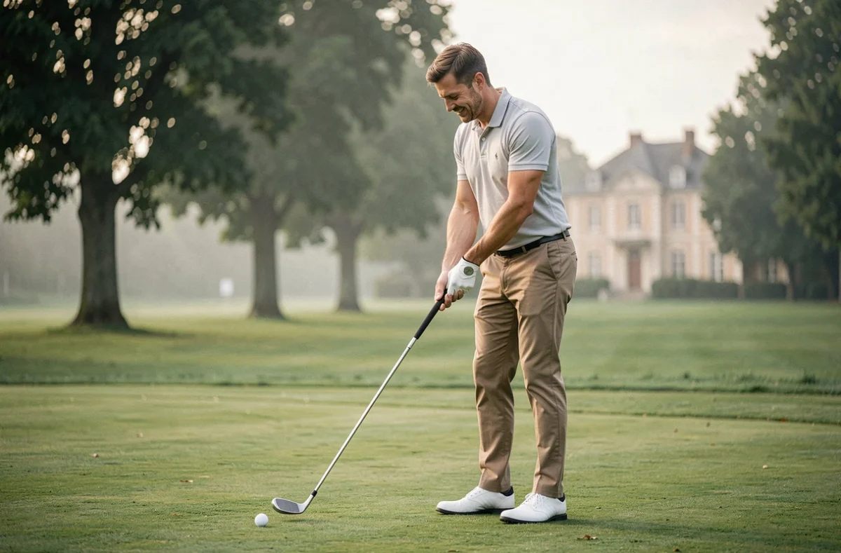 Golfeur débutant s'apprêtant à frapper une balle sur un parcours de golf en région parisienne