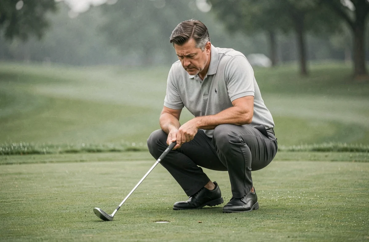 Golfeur analysant la ligne d'un putt sur un green de golf, accroupi en position de lecture, technique de putting précise