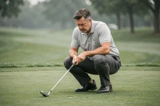 Golfeur analysant la ligne d'un putt sur un green de golf, accroupi en position de lecture, technique de putting précise