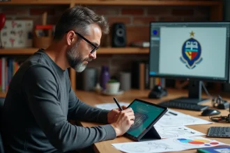 Graphiste professionnel révisant un logo de club de football modernisé sur tablette dans un studio créatif