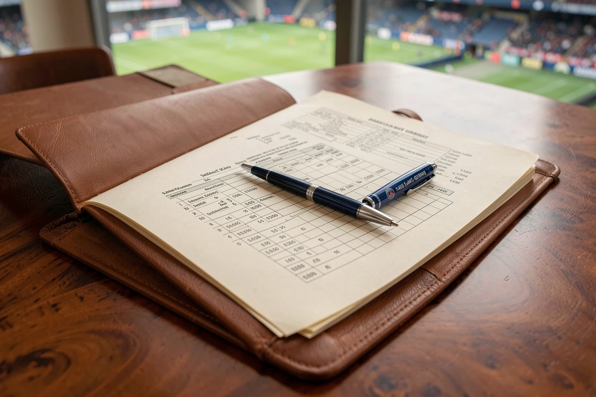 Grille salariale du PSG posée sur un bureau avec un stylo et vue sur le stade en arrière-plan