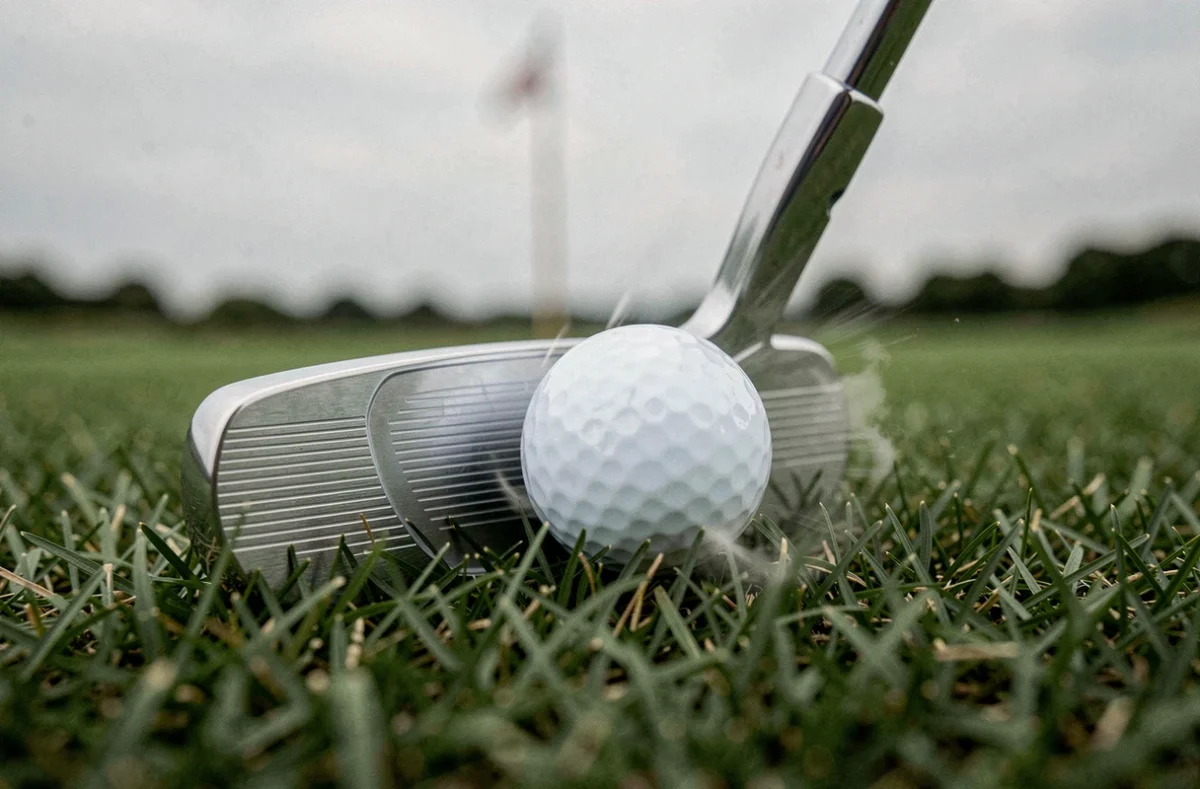 Gros plan de la tête de putter au contact de la balle de golf sur le green, détail technique du putting pour améliorer sa précision