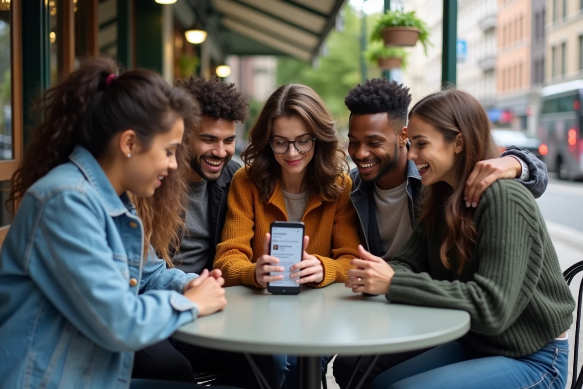 Groupe d amis regardant un smartphone en extérieur