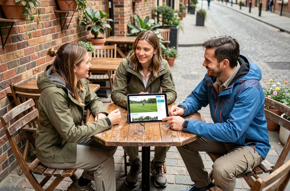 Groupe d'amis en vêtements outdoor planifiant une activité sportive sur une tablette en terrasse de café