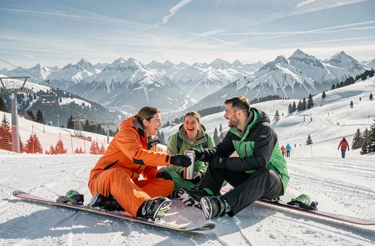 Groupe d'amis débutants faisant une pause sur une piste verte des Menuires avec vue panoramique sur les Trois Vallées
